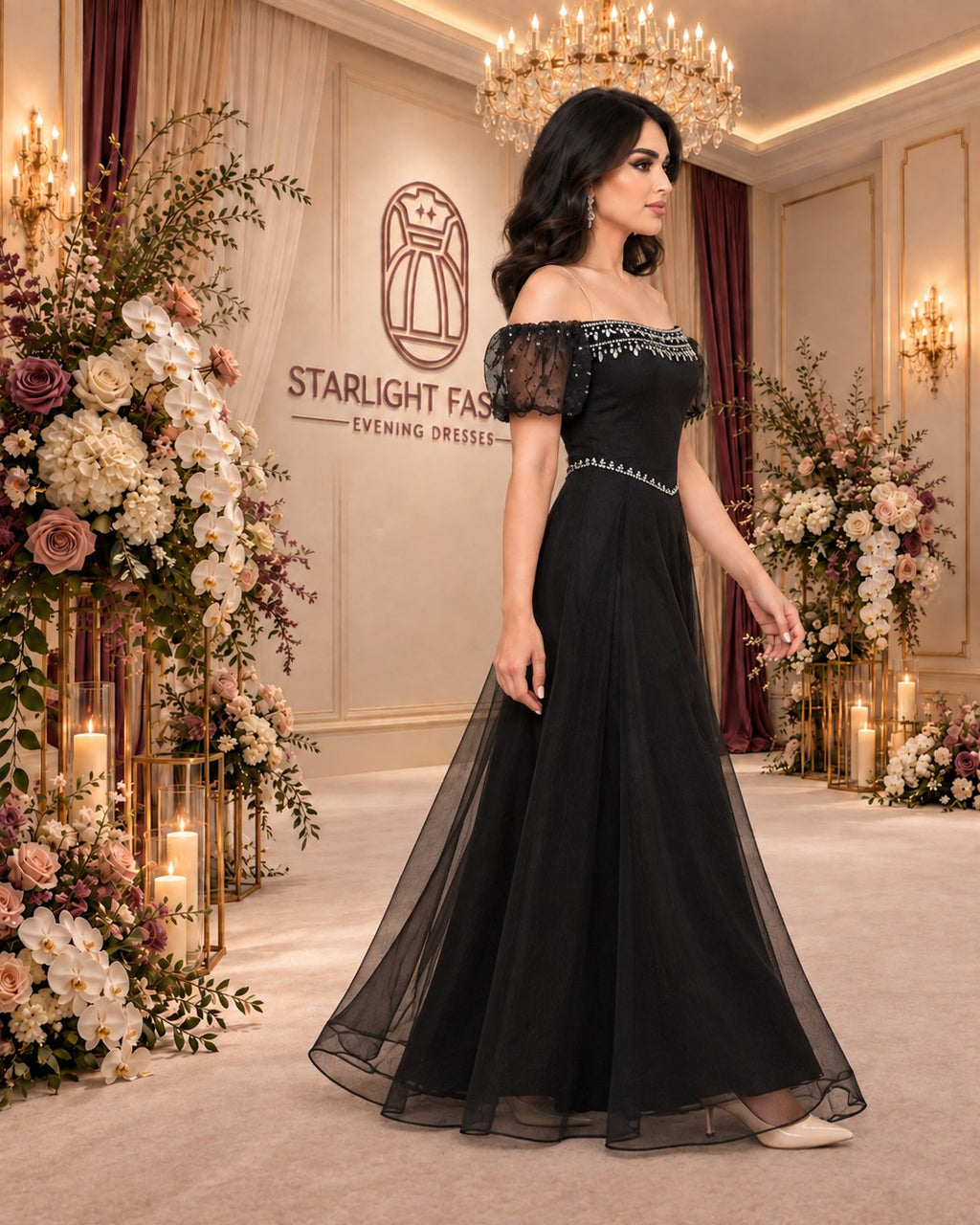 Midnight Jewel black evening gown in a walking pose with the long skirt flowing