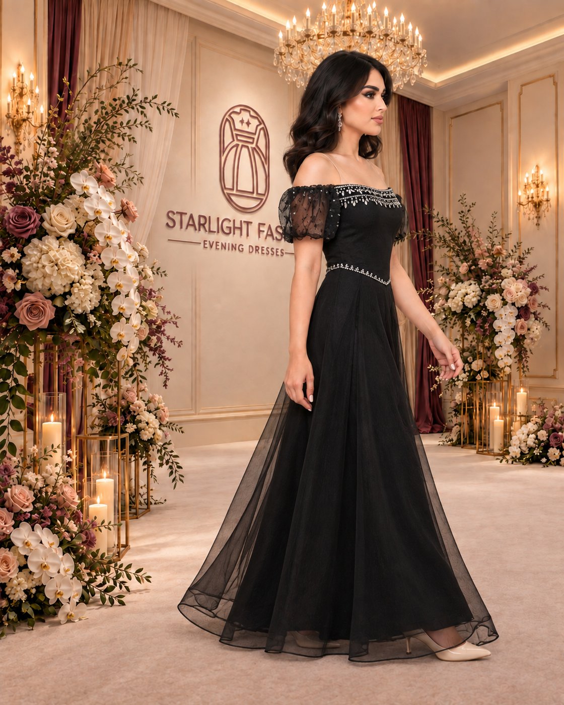 Midnight Jewel black evening gown in a walking pose with the long skirt flowing