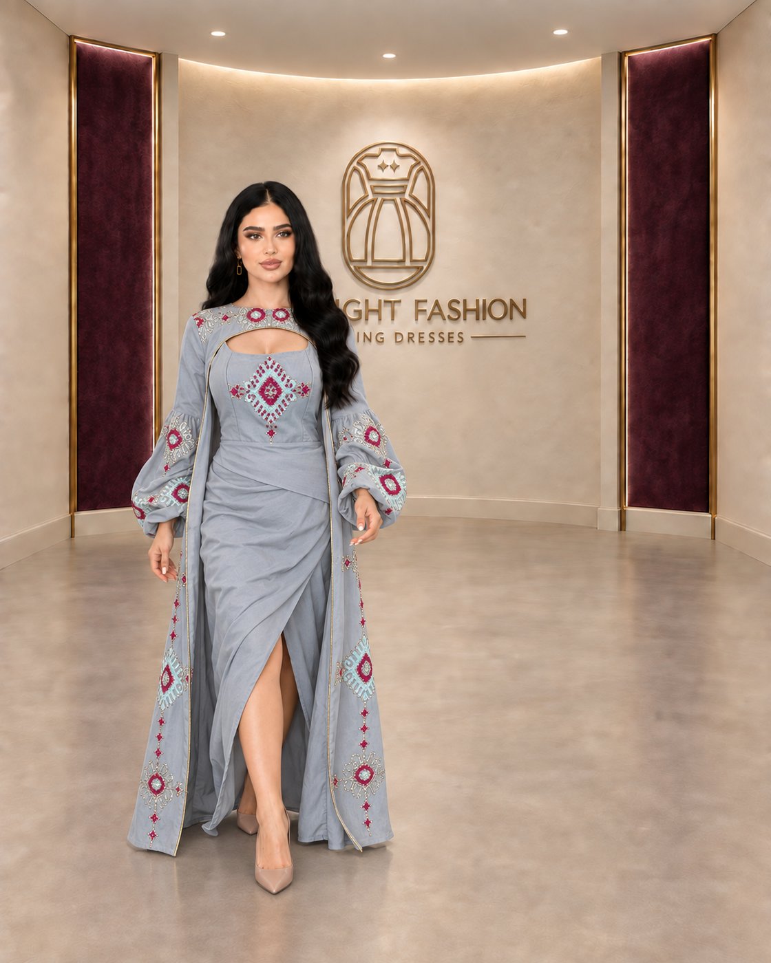 الجلابية الرمادية أثناء المشي مع فتحة التنورة الأمامية