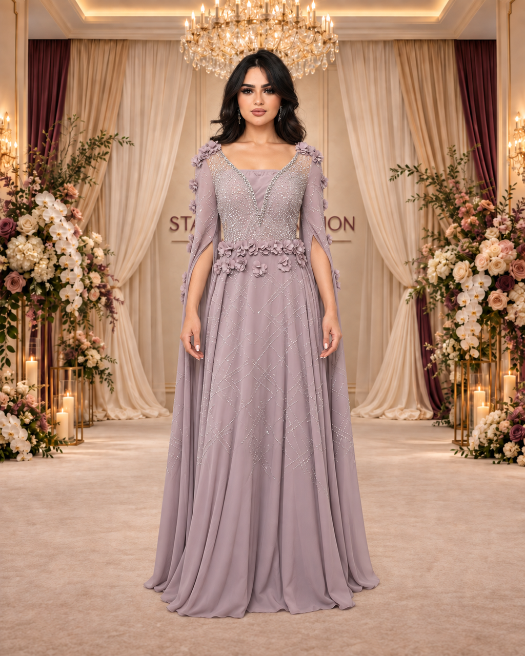 فستان اجنحة الورد موڤ مع لمعة من الأمام مع ارتداء قطعة التستير، بزهور بارزة وأكمام شيفون طويلة