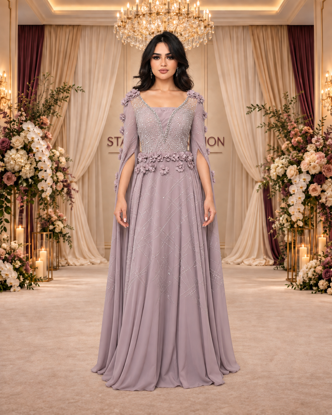 فستان اجنحة الورد موڤ مع لمعة من الأمام مع ارتداء قطعة التستير، بزهور بارزة وأكمام شيفون طويلة